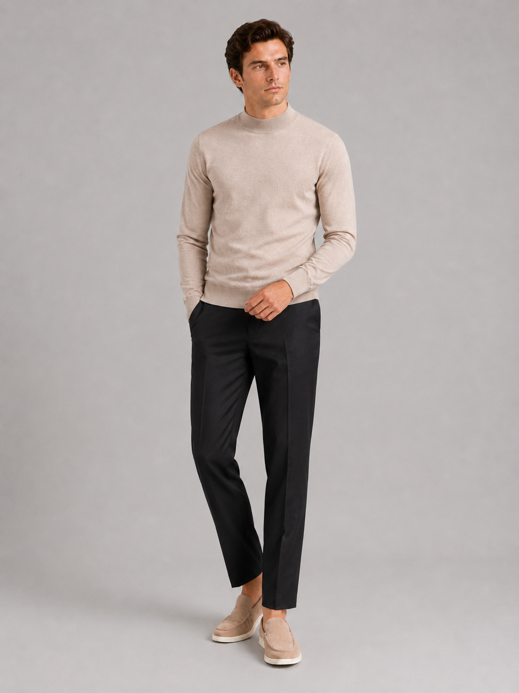 Beige mock neck sweater for men slim fit warm pullover for everyday winter wear