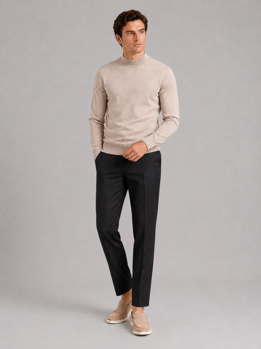 Beige mock neck sweater for men slim fit warm pullover for everyday winter wear