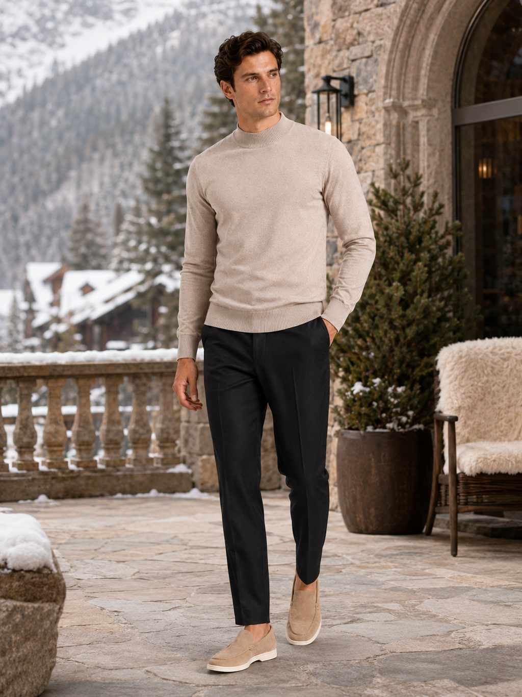 Man styling beige mock neck sweater in a refined winter lifestyle outfit