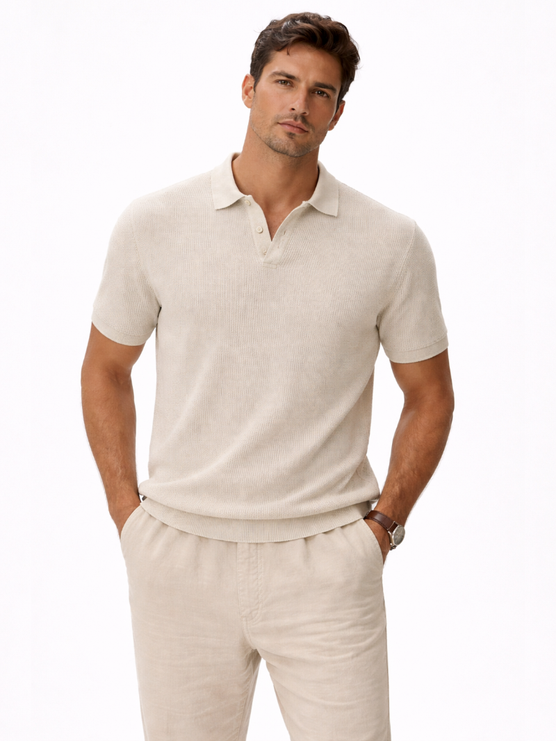 Beige organic mesh knit polo shirt for men lightweight breathable summer luxury outfit