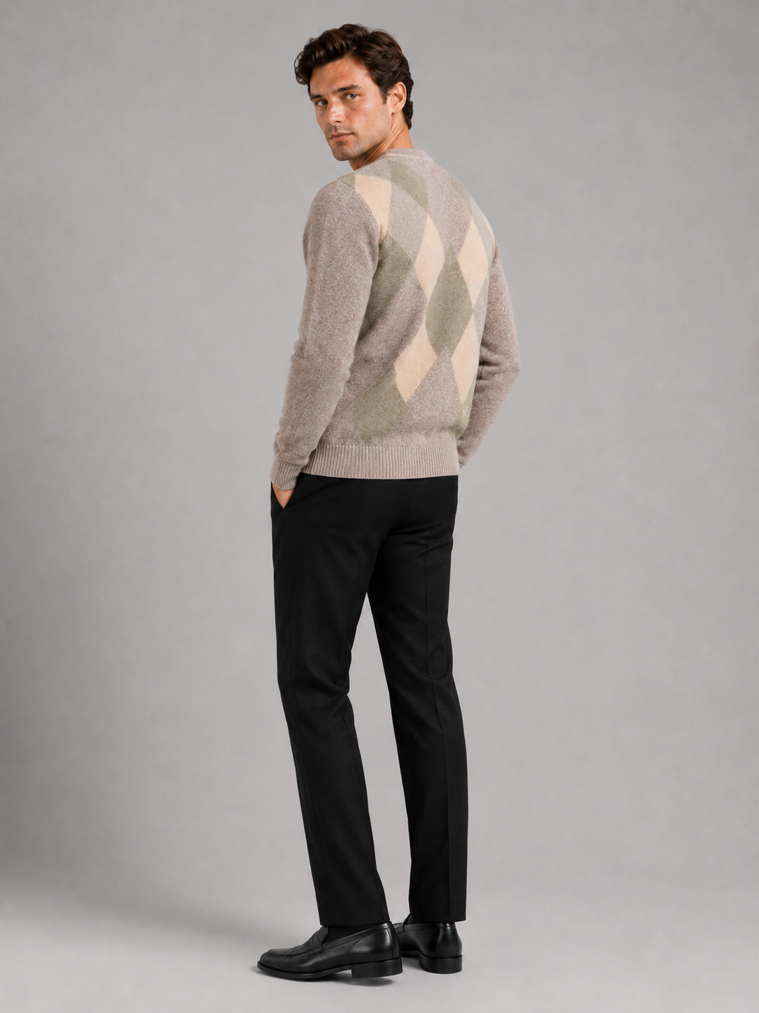 Men’s beige plaid knit pullover comfortable sweater for business casual and everyday outfits