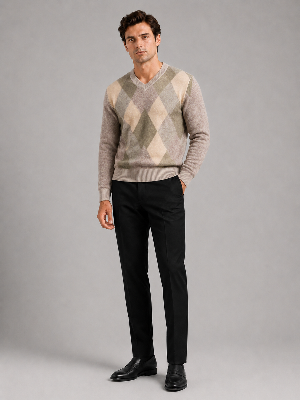 Beige plaid v neck sweater for men long sleeve pullover for everyday fall wear