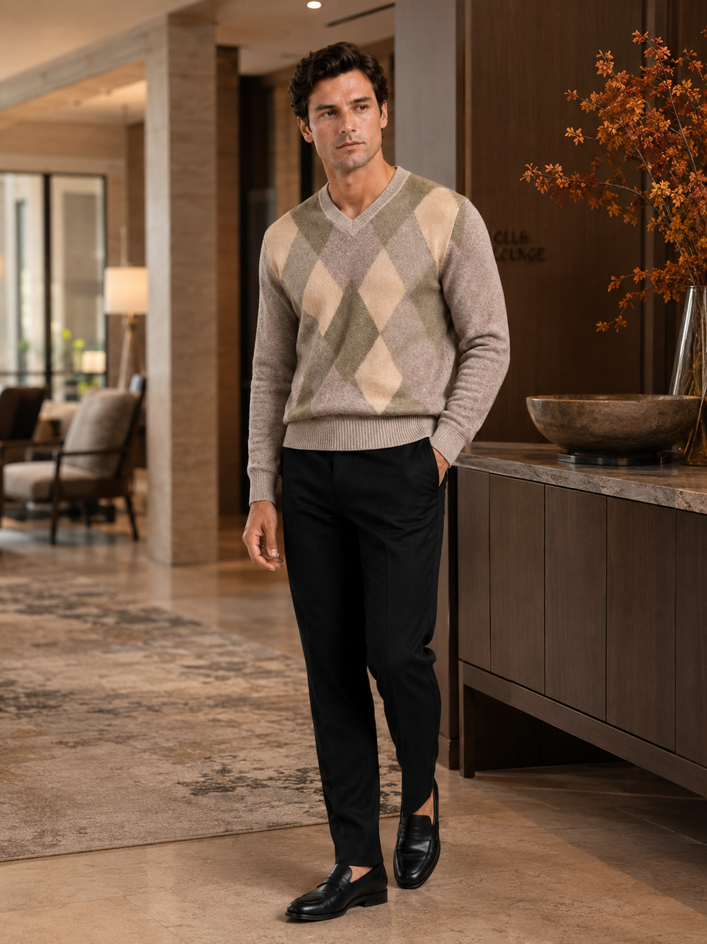 Man styling beige plaid v neck knit sweater in a refined fall lifestyle outfit