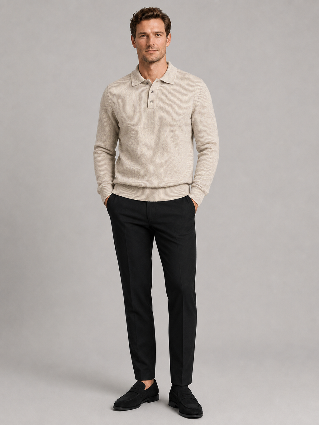 Beige polo neck sweater for men warm fall winter pullover for everyday and office wear