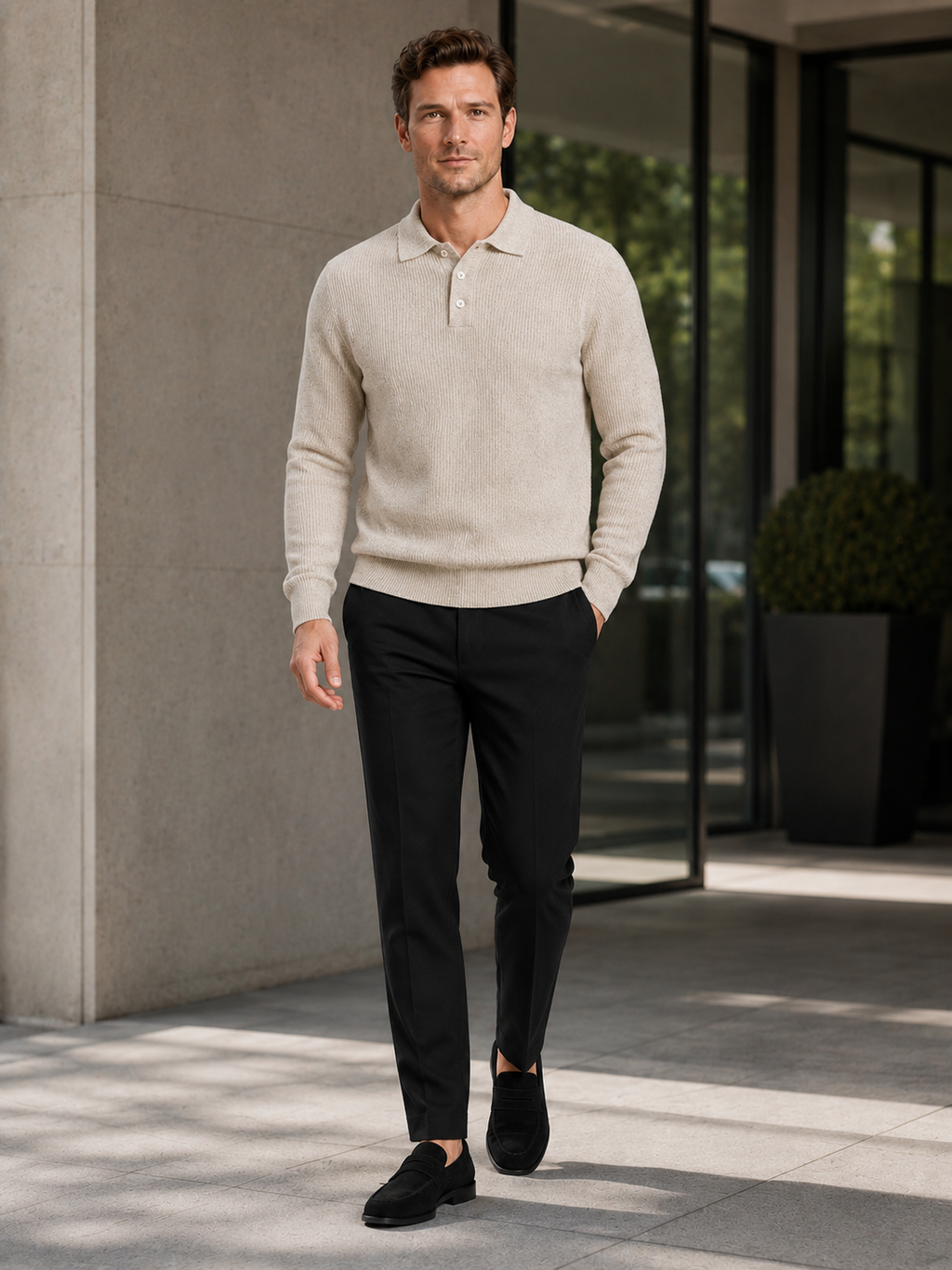 Man styling beige polo neck sweater in a refined business casual and everyday lifestyle outfit