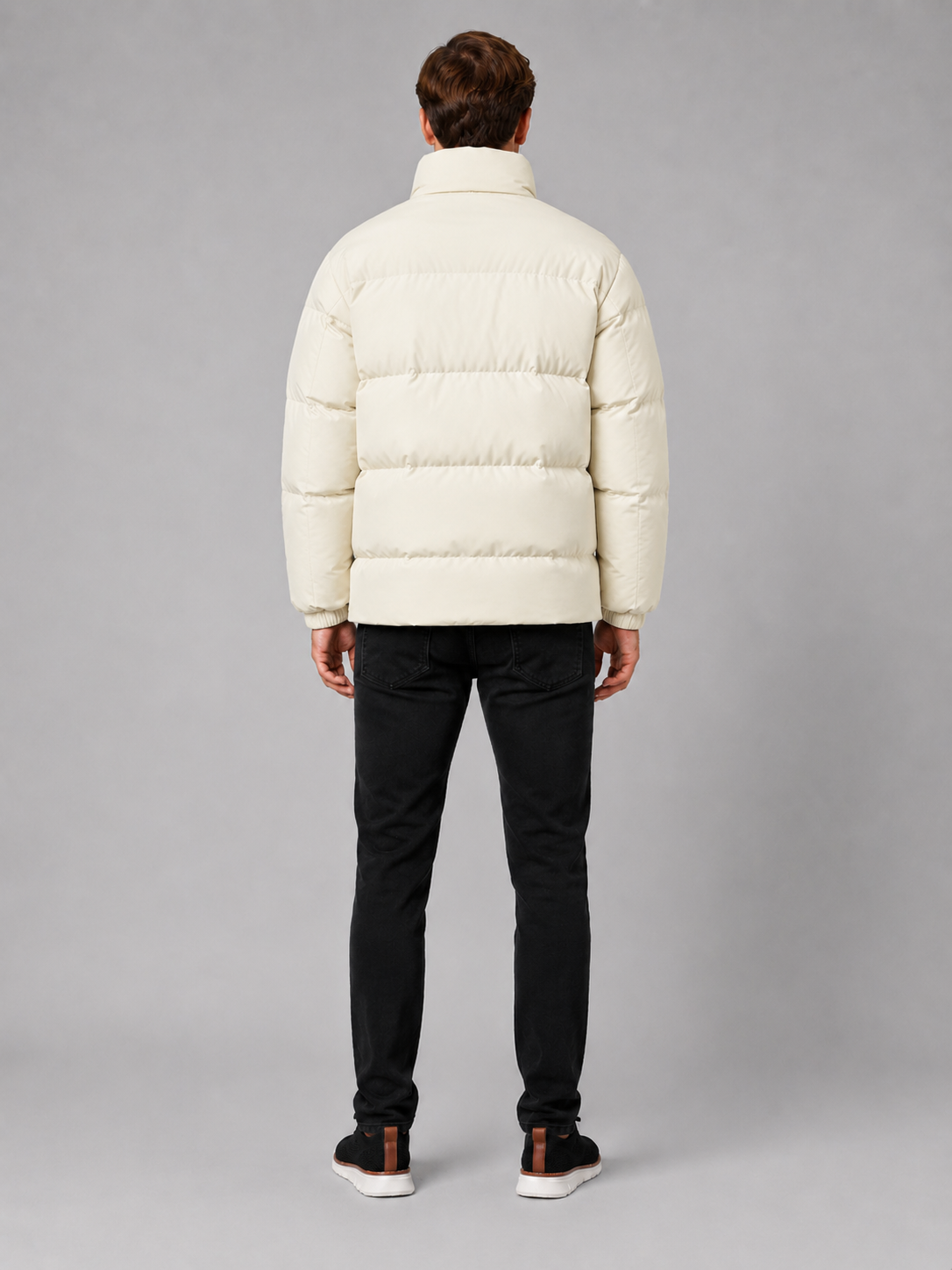 Men’s beige insulated puffer jacket comfortable cold weather outerwear for casual and outdoor outfits