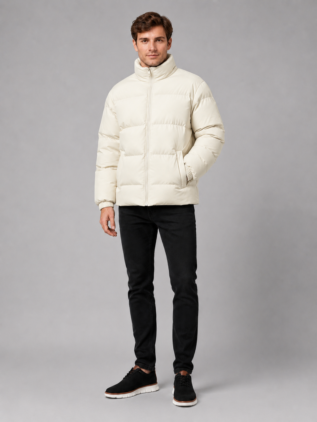 Beige puffer jacket for men thick warm winter coat for outdoor and everyday wear
