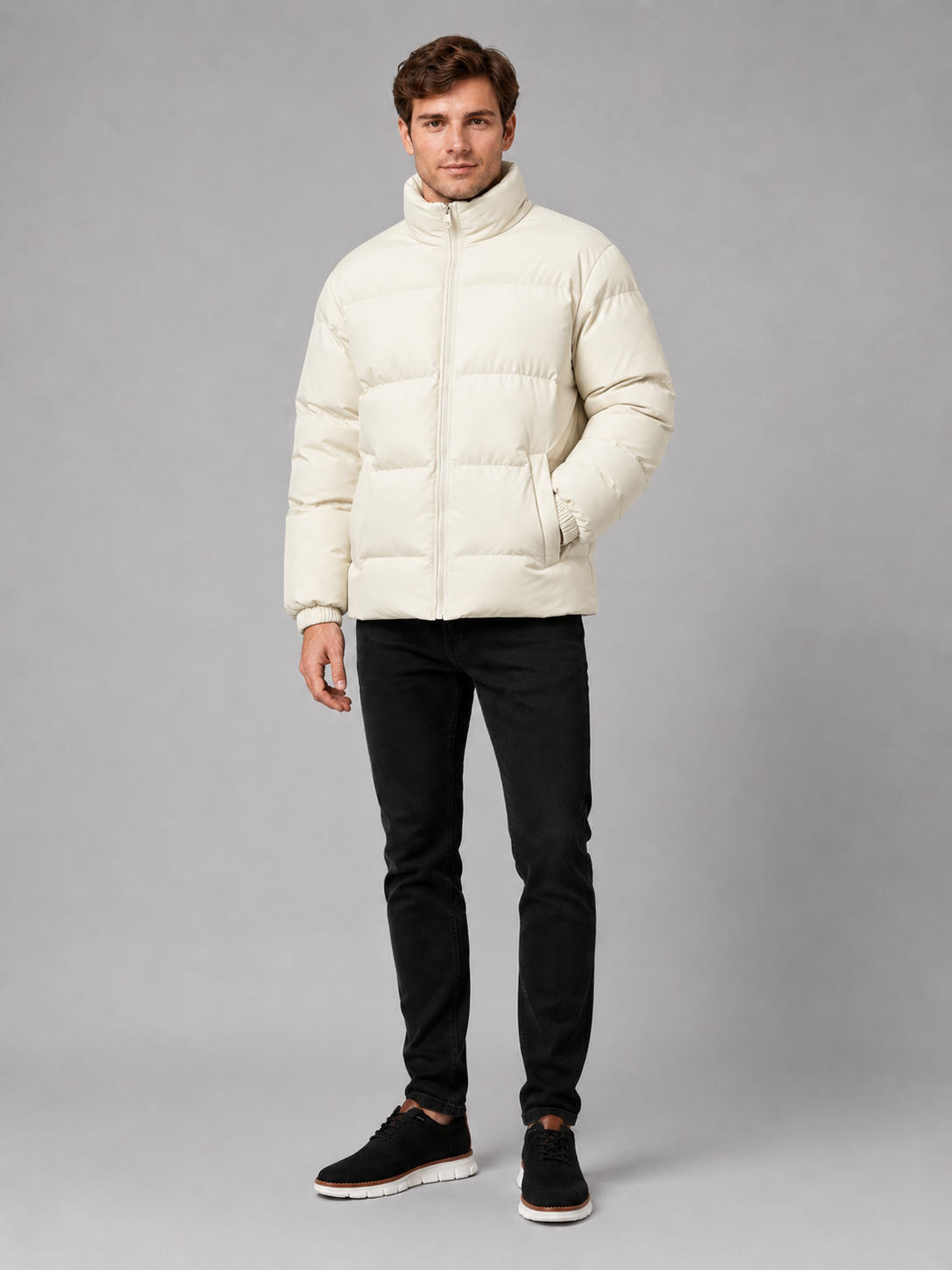 Beige puffer jacket for men thick warm winter coat for outdoor and everyday wear