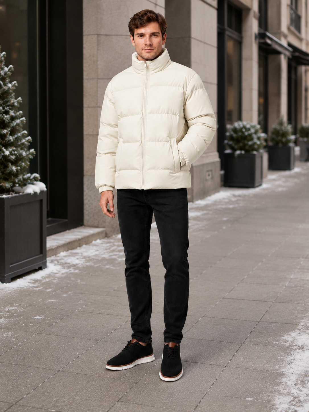 Man styling beige stand collar puffer jacket in a refined outdoor and everyday winter lifestyle outfit