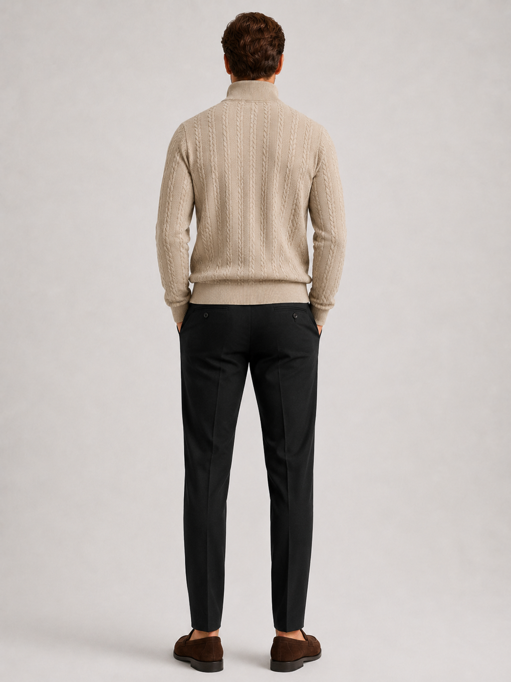 Men’s beige textured knit quarter zip sweater comfortable cold weather layer for casual outfits