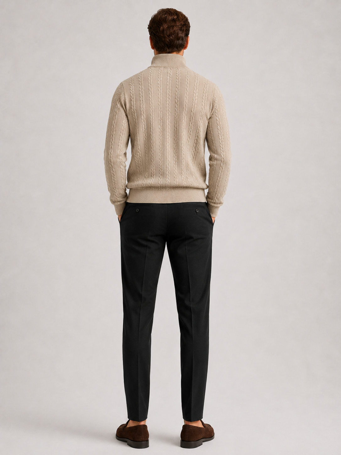 Men’s beige textured knit quarter zip sweater comfortable cold weather layer for casual outfits