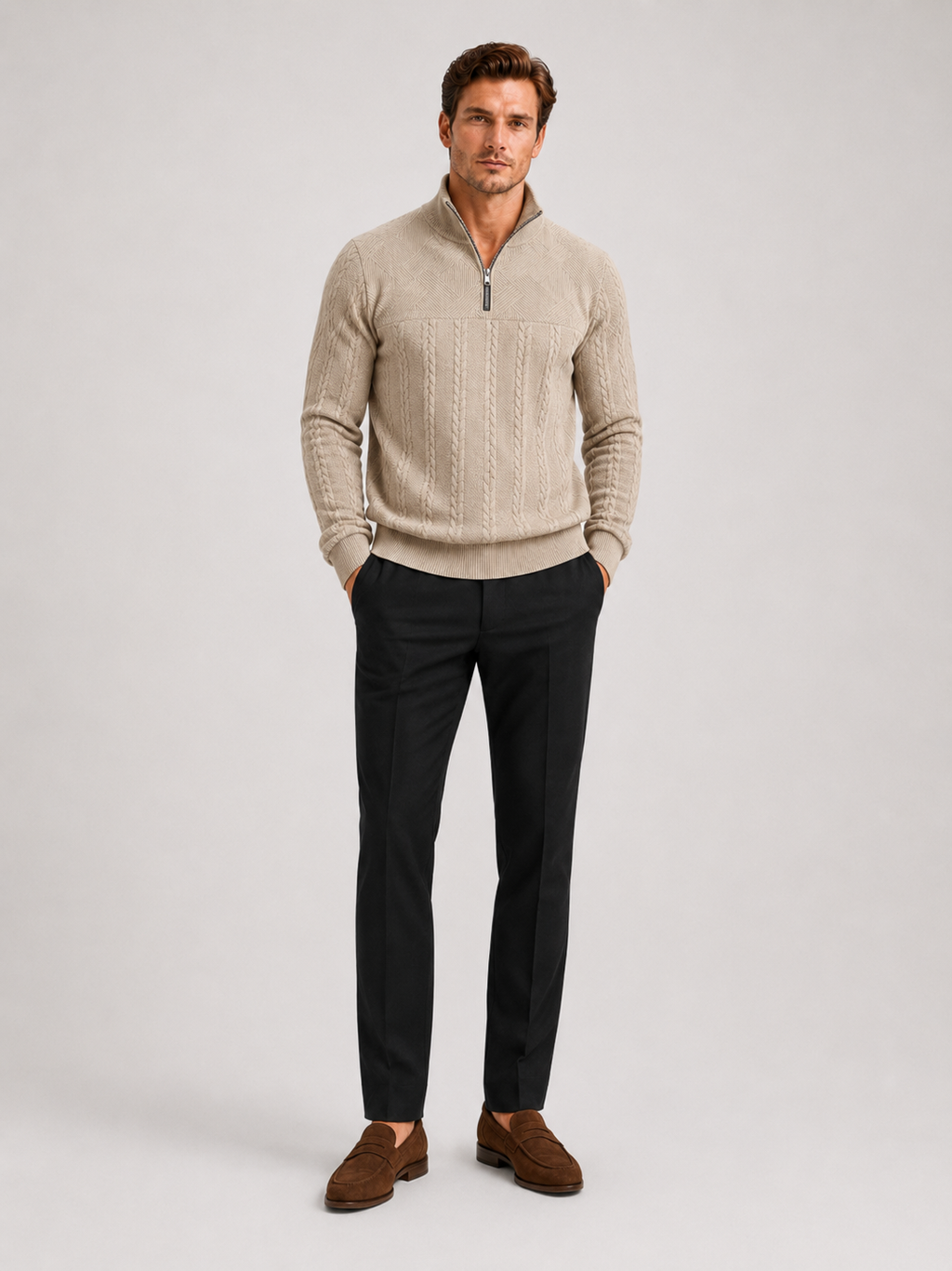 Beige jacquard quarter zip sweater for men warm long sleeve fall winter pullover for everyday wear