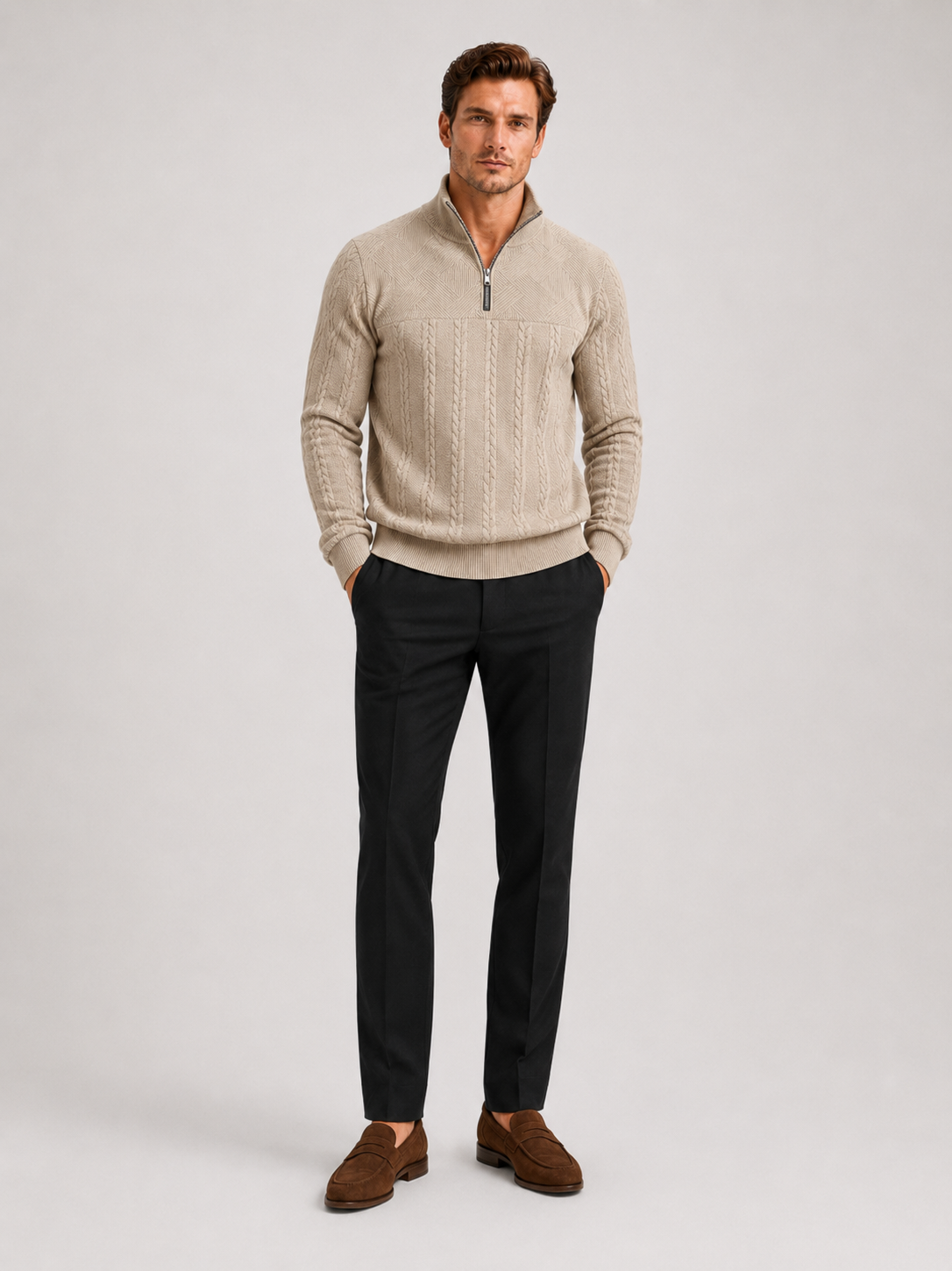 Beige jacquard quarter zip sweater for men warm long sleeve fall winter pullover for everyday wear
