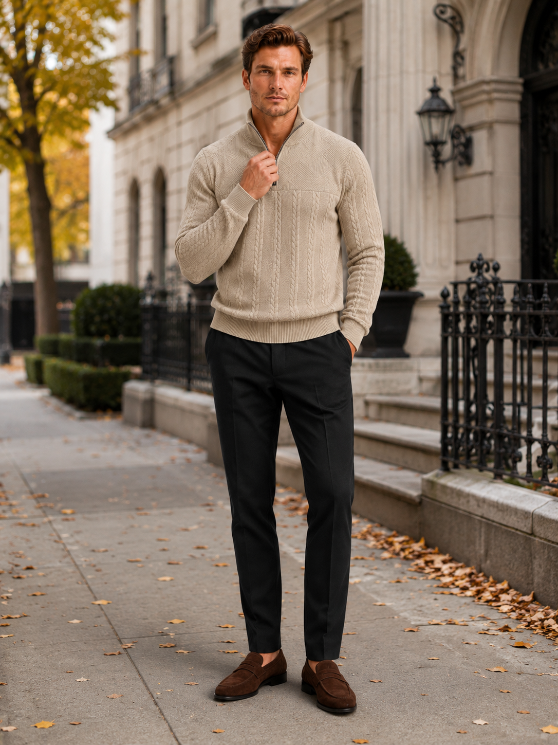Man styling beige jacquard quarter zip sweater in a refined everyday winter lifestyle outfit
