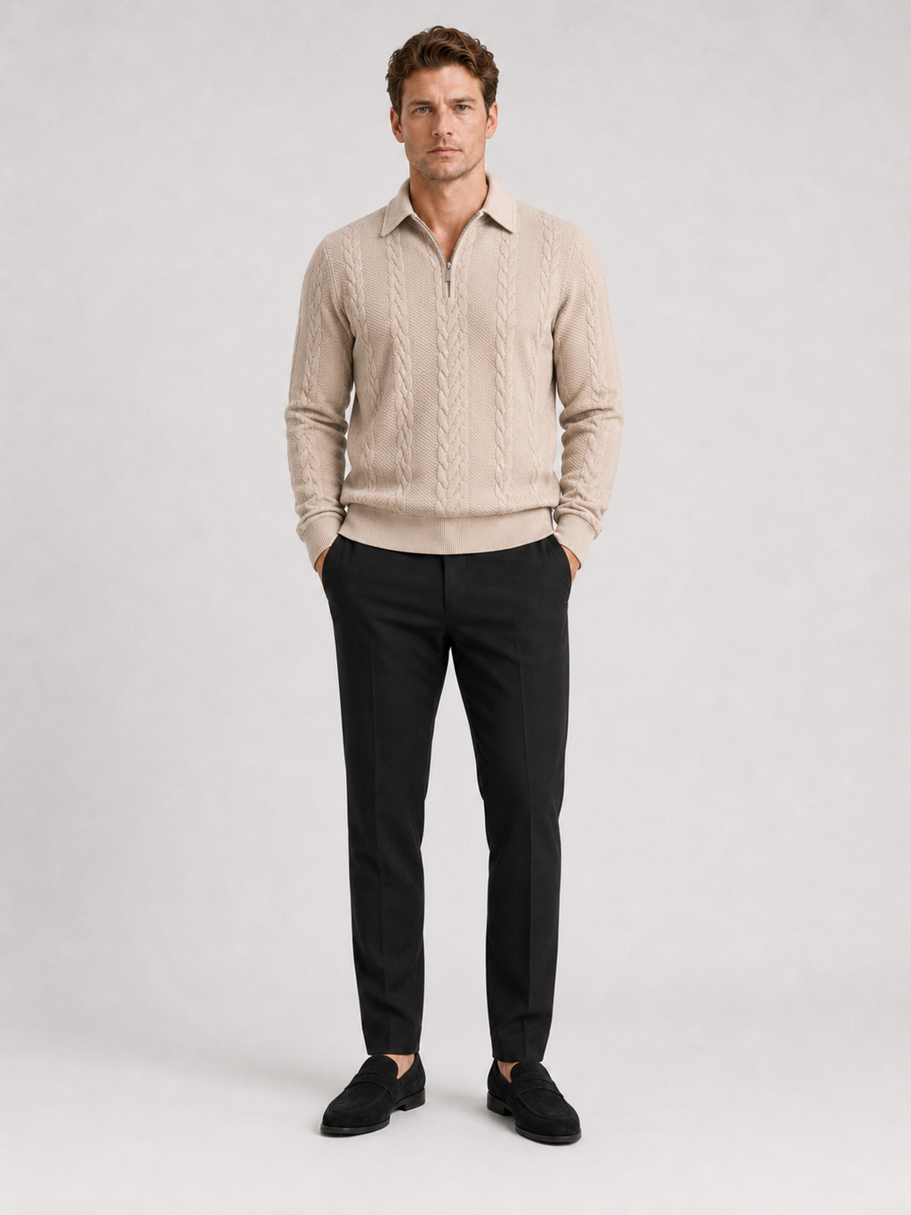 Beige quarter zip sweater for men long sleeve fall winter pullover for casual and everyday wear