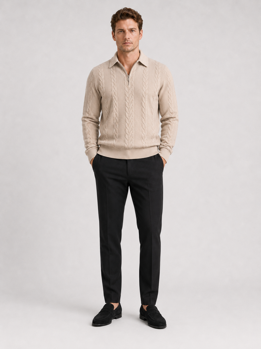 Beige quarter zip sweater for men long sleeve fall winter pullover for casual and everyday wear