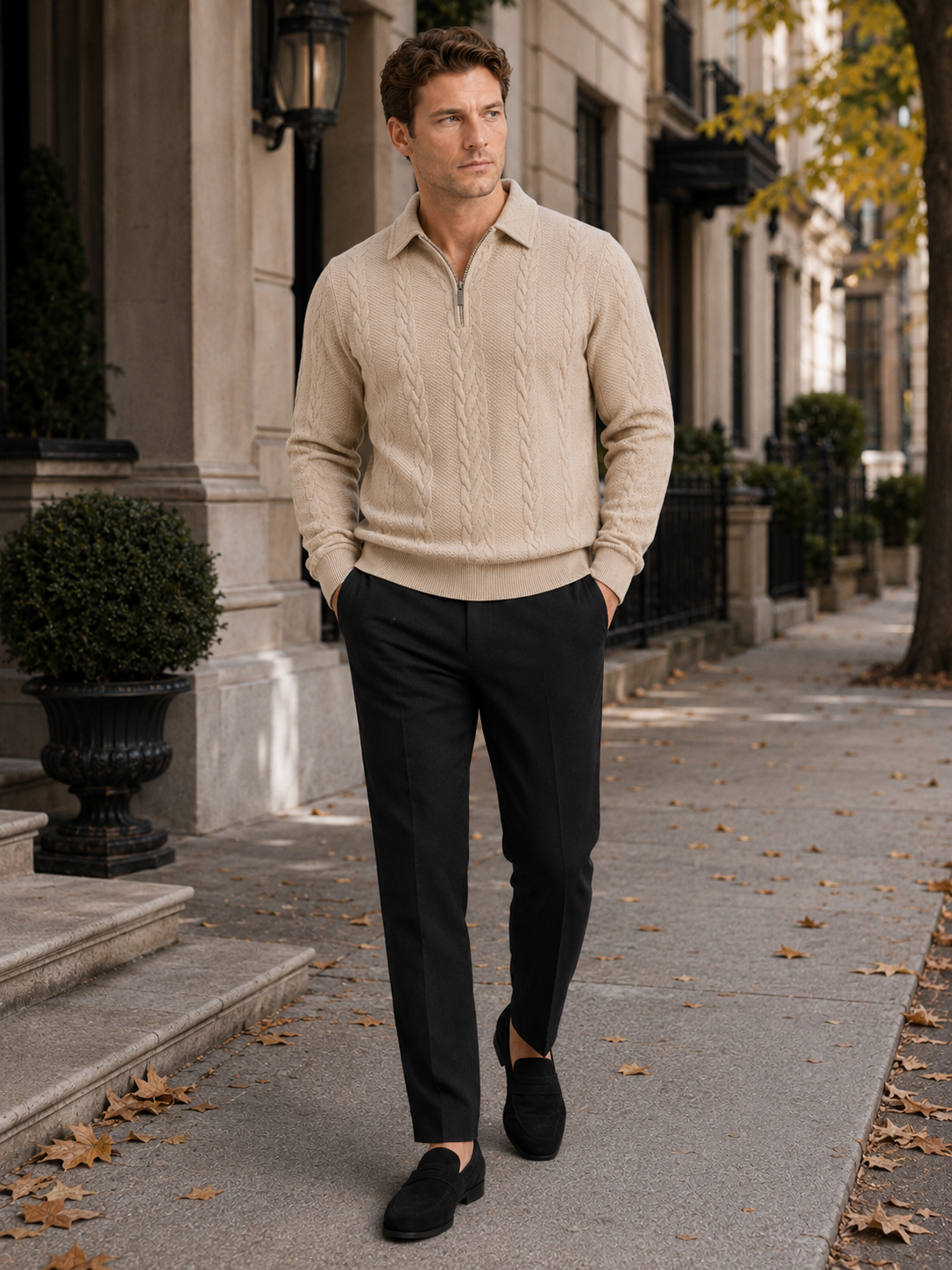 Man styling beige quarter zip sweater in a refined casual fall winter lifestyle outfit