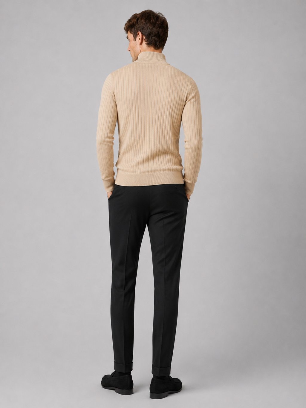 Men’s beige knit sweater comfortable mock neck layer for business casual and casual outfits