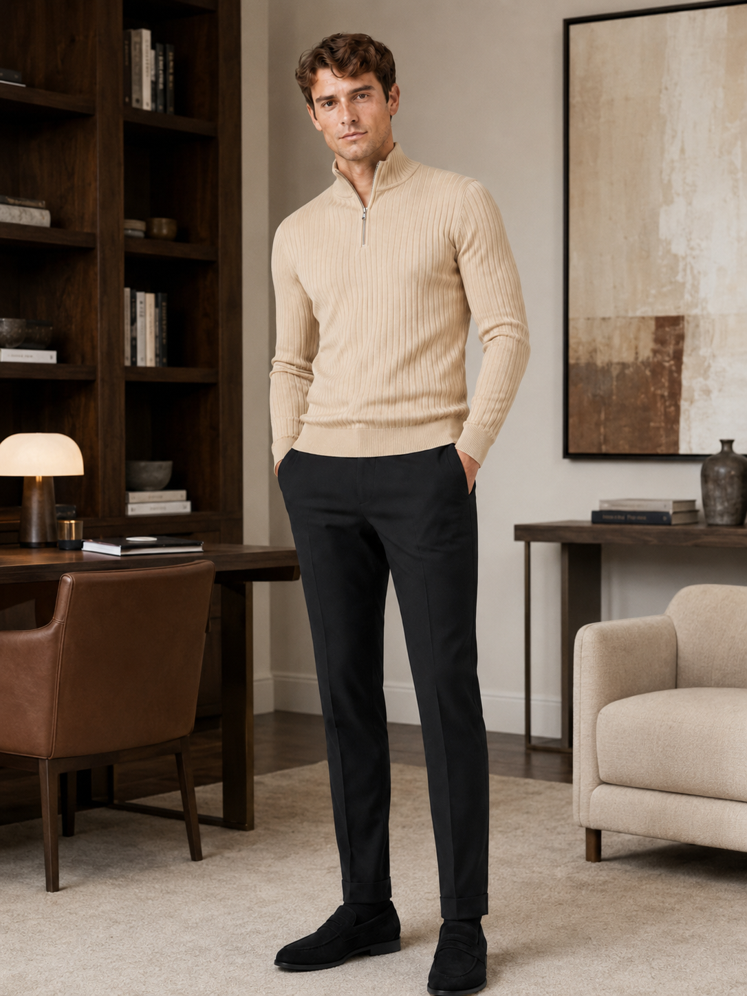 Man styling beige quarter zip sweater in a refined business casual and everyday lifestyle outfit