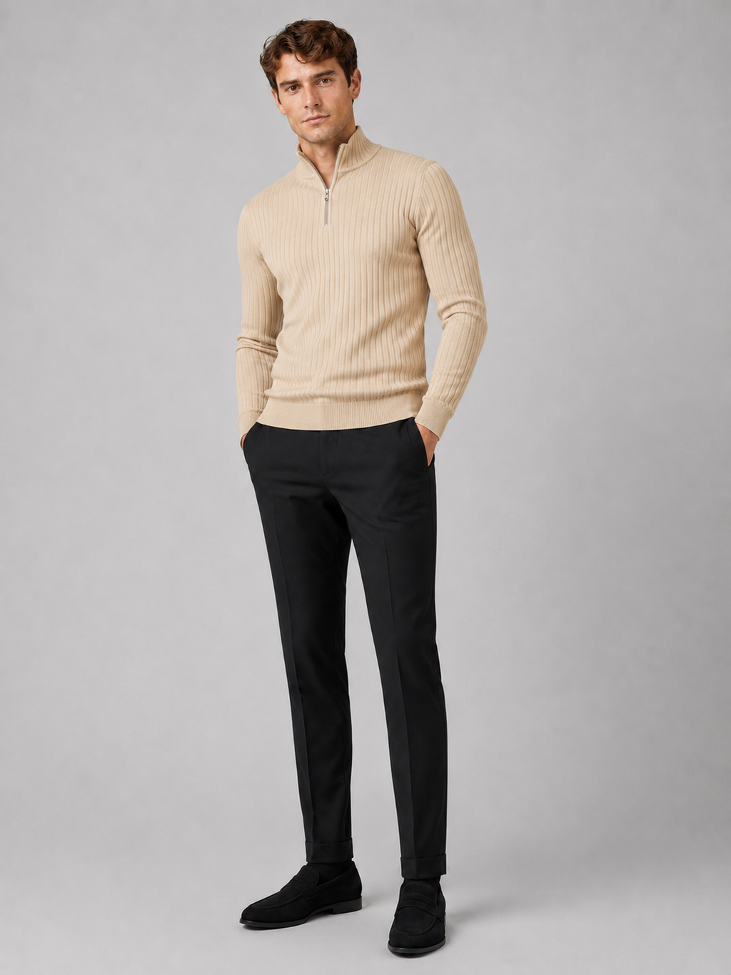 Beige quarter zip sweater for men long sleeve fall winter pullover for everyday wear