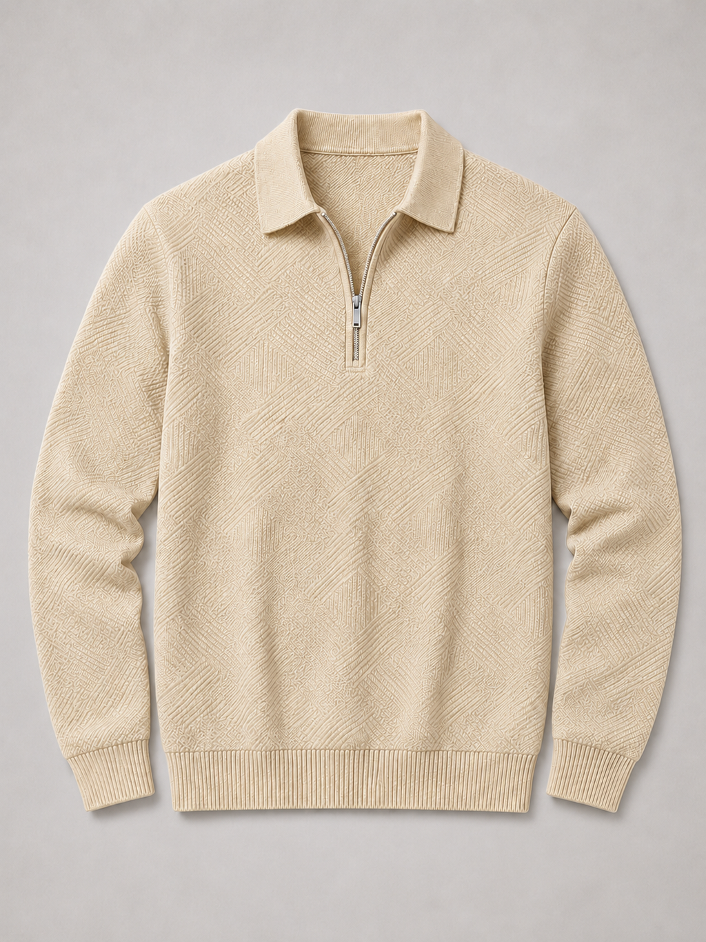 Beige men’s lightweight quarter zip polo sweater with long sleeves displayed on a plain background