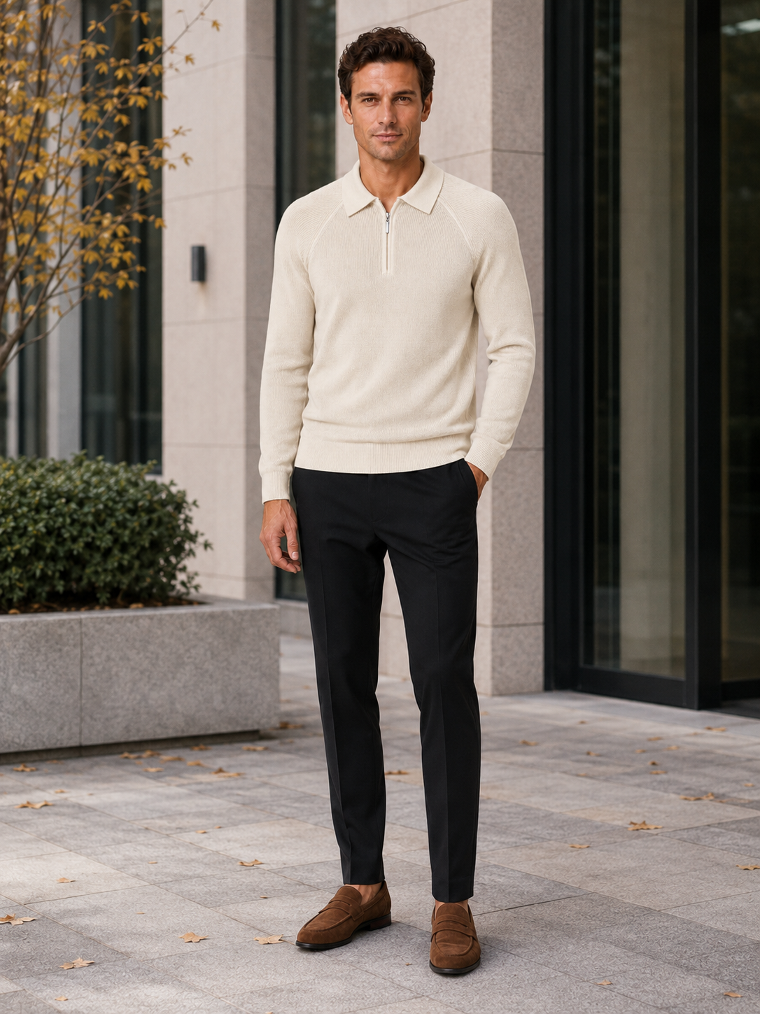 Man wearing a khaki slim fit quarter zip polo sweater in a casual fall winter everyday outfit