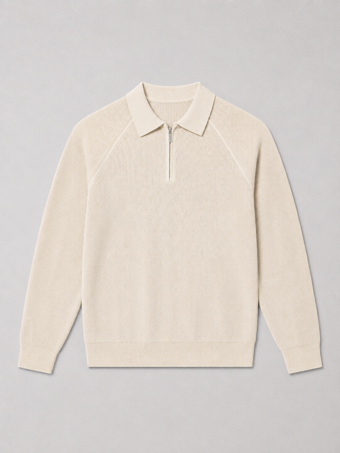 Khaki men’s slim fit quarter zip polo sweater with long sleeves displayed on a plain background