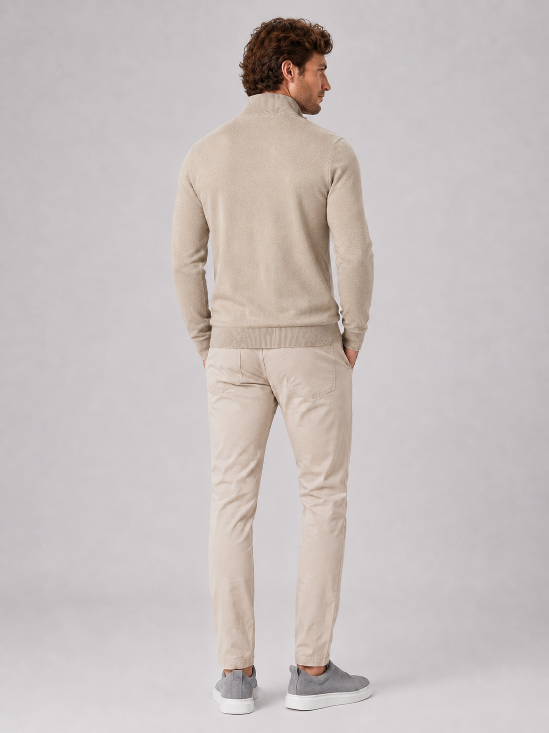 Men’s beige slim fit knit sweater comfortable spring fall layer for casual outfits