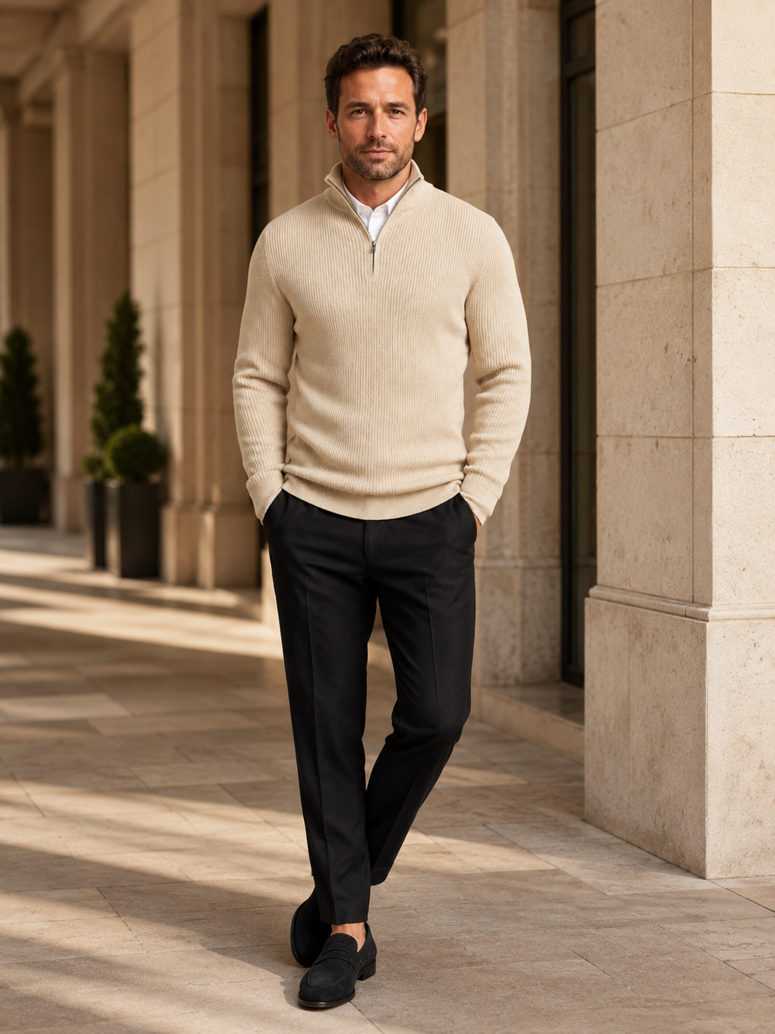 Man wearing a beige slim fit quarter zip mock neck sweater in a refined business casual winter outfit