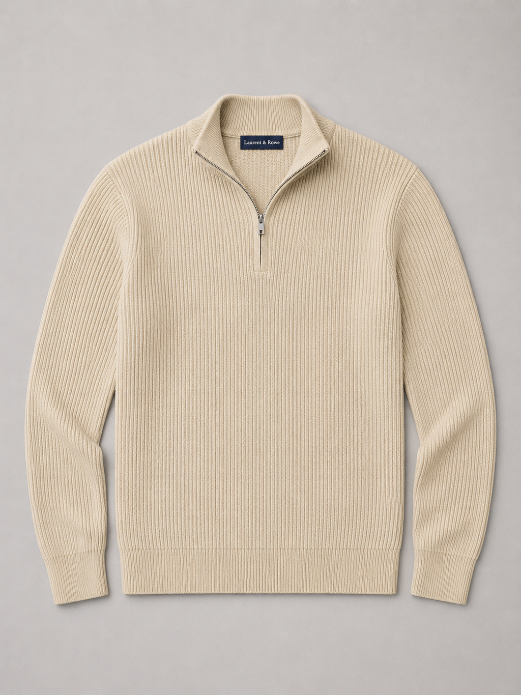 Beige men’s slim fit quarter zip mock neck sweater displayed on a plain background
