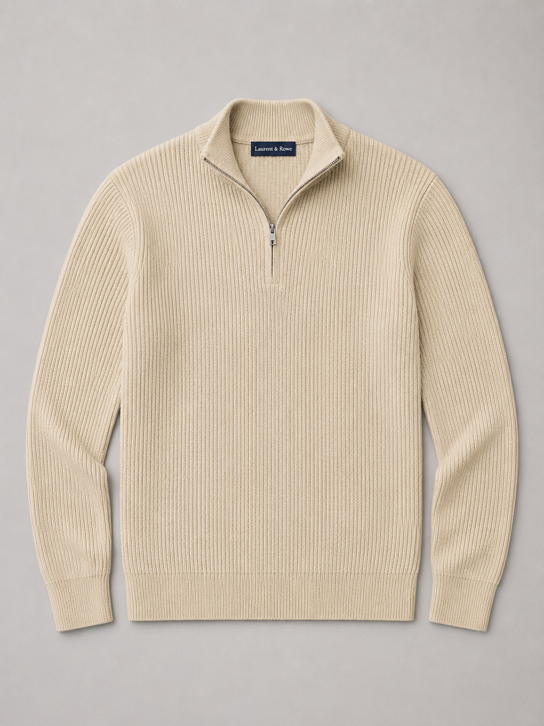 Beige men’s slim fit quarter zip mock neck sweater displayed on a plain background