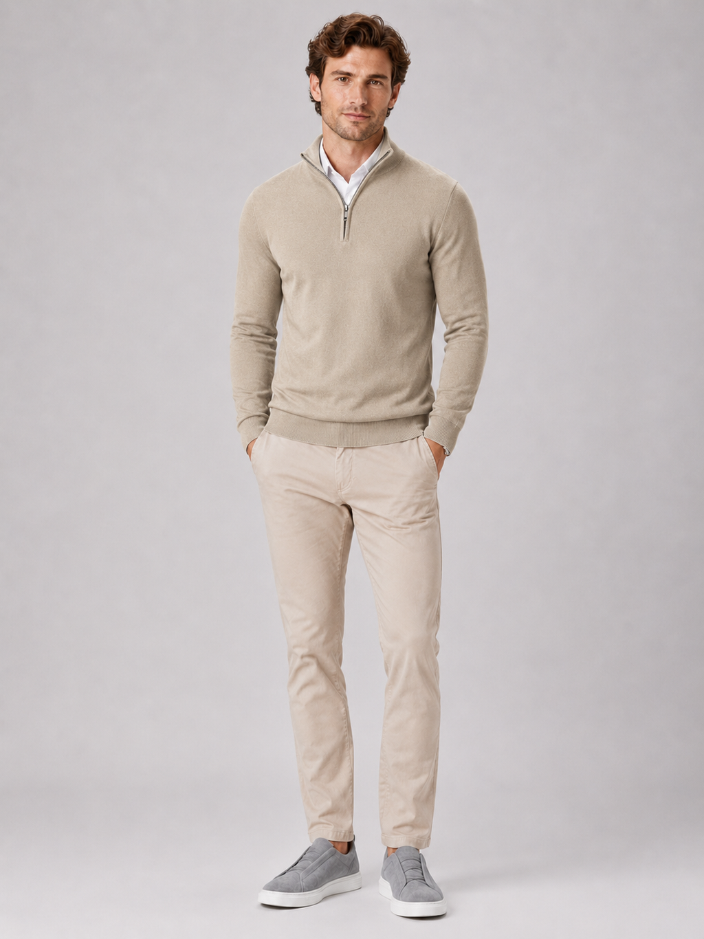 Beige quarter zip sweater for men lightweight pullover for outdoor and everyday wear