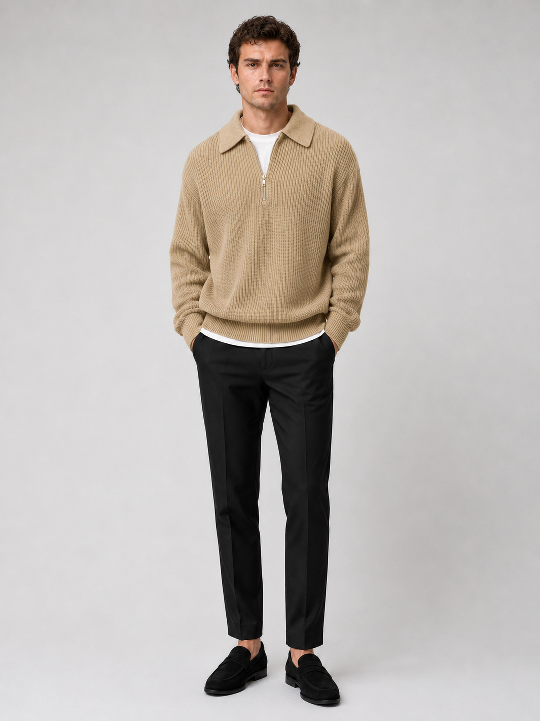 Beige quarter zip polo sweater for men loose fit long sleeve fall pullover for everyday wear