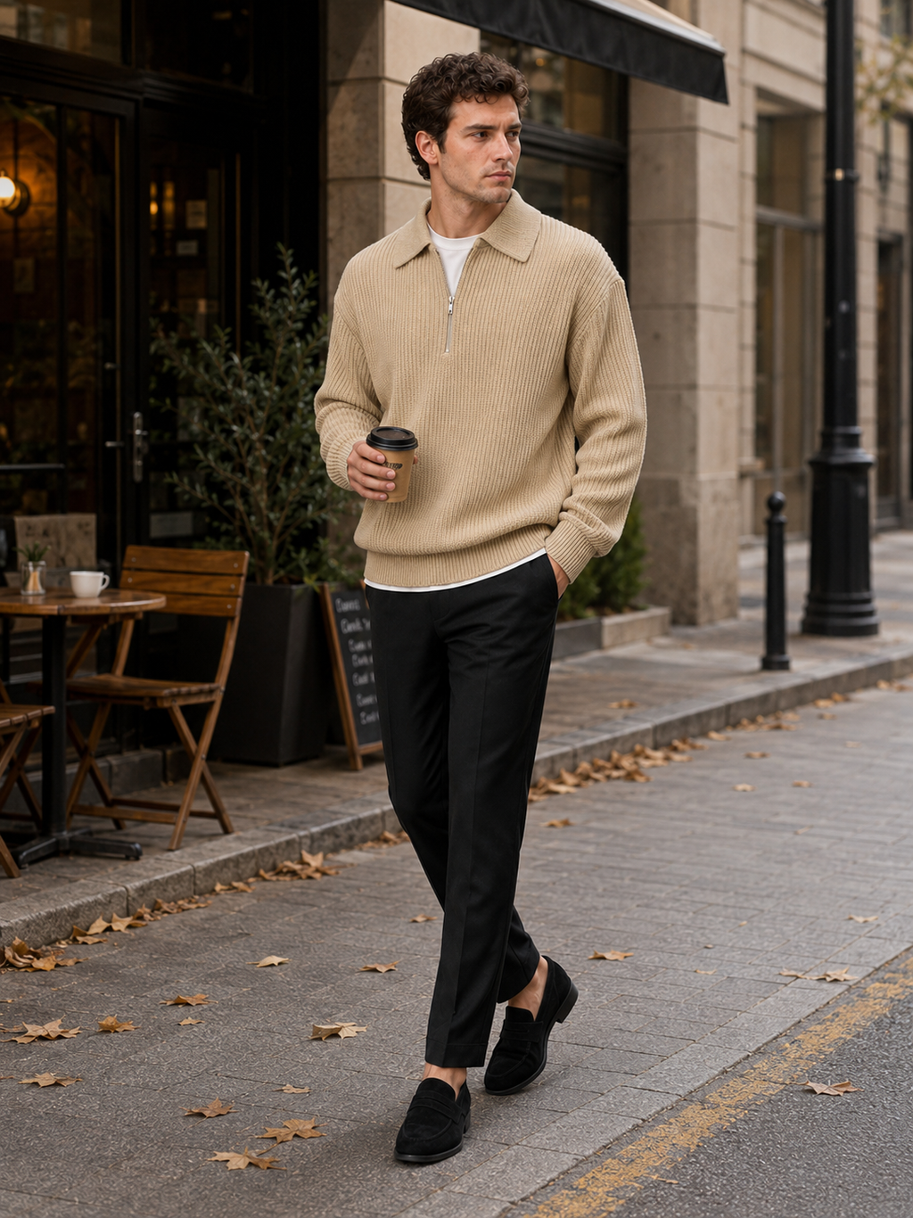 Man styling beige quarter zip polo sweater in a refined everyday fall lifestyle outfit