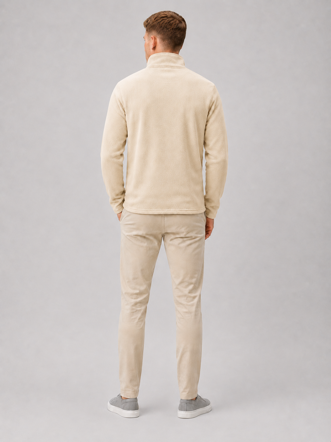 Men’s beige fleece pullover comfortable insulated top for cold weather casual outfits