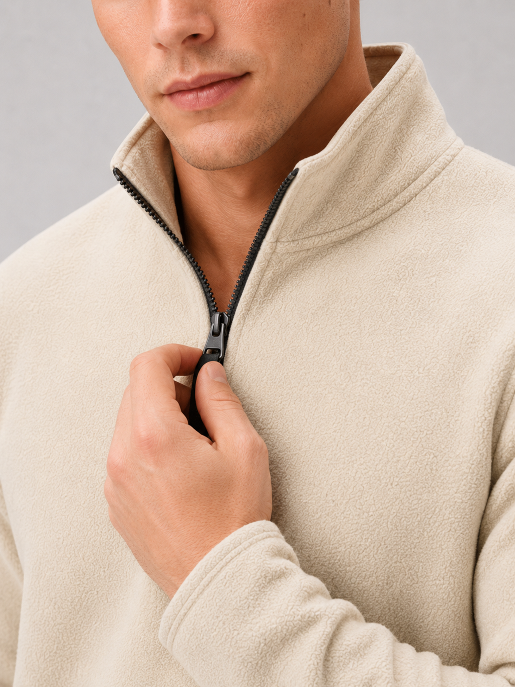 Close up of beige fleece pullover showing soft thermal fabric and quarter zip mock neck detail