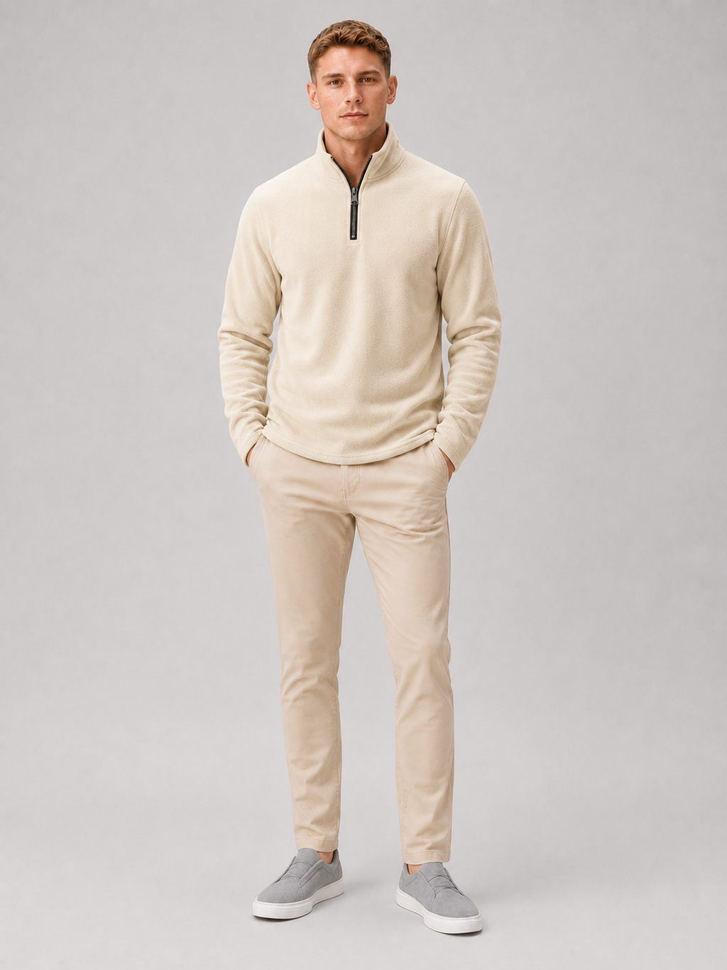 Beige quarter zip sweater for men thick warm winter layer for outdoor and everyday wear