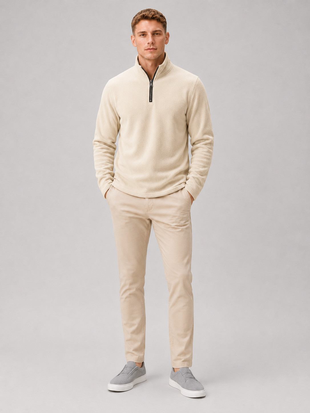 Beige quarter zip sweater for men thick warm winter layer for outdoor and everyday wear