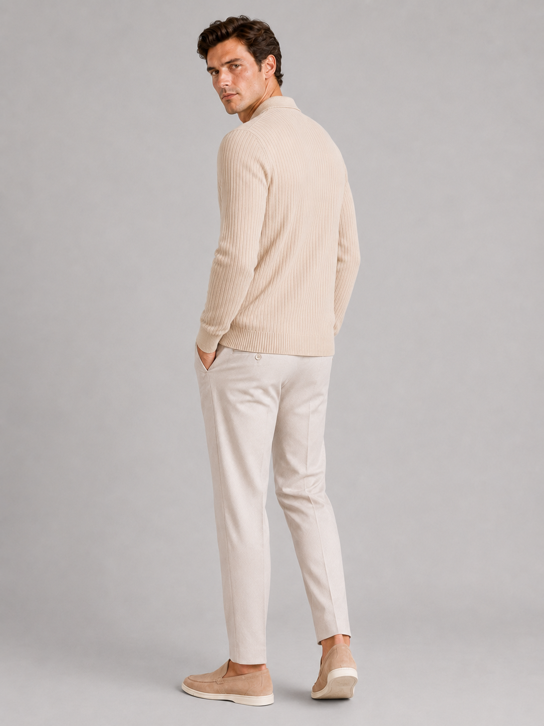 Men’s Ribbed Long Sleeve Polo Shirt Lightweight Casual Top for Vacation, Everyday and Business Wear