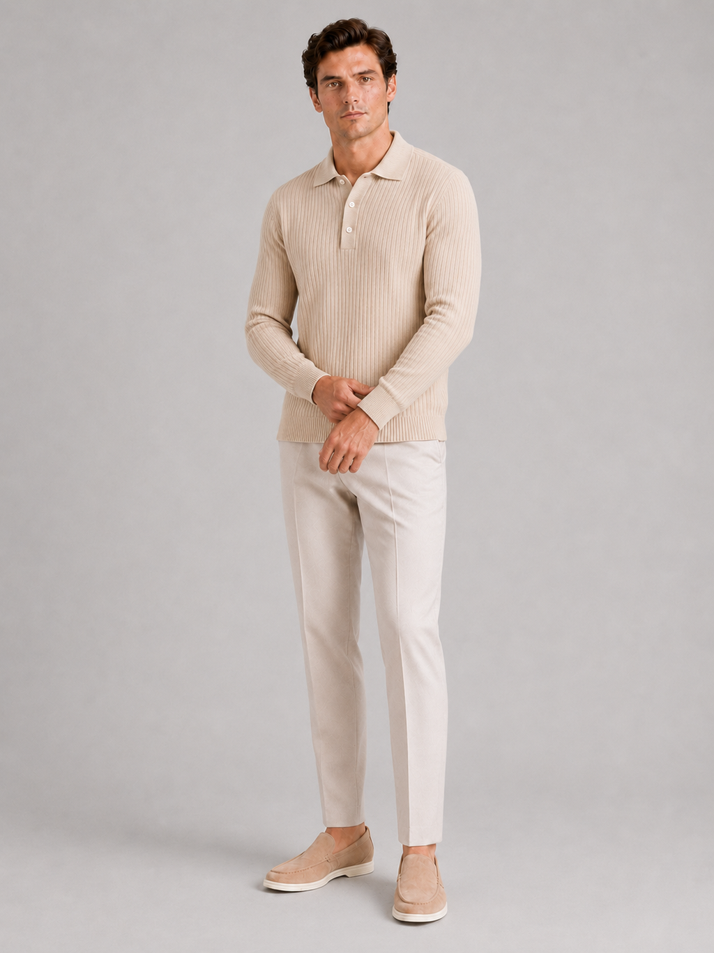 Beige long sleeve polo shirt for men comfortable lightweight top for everyday wear