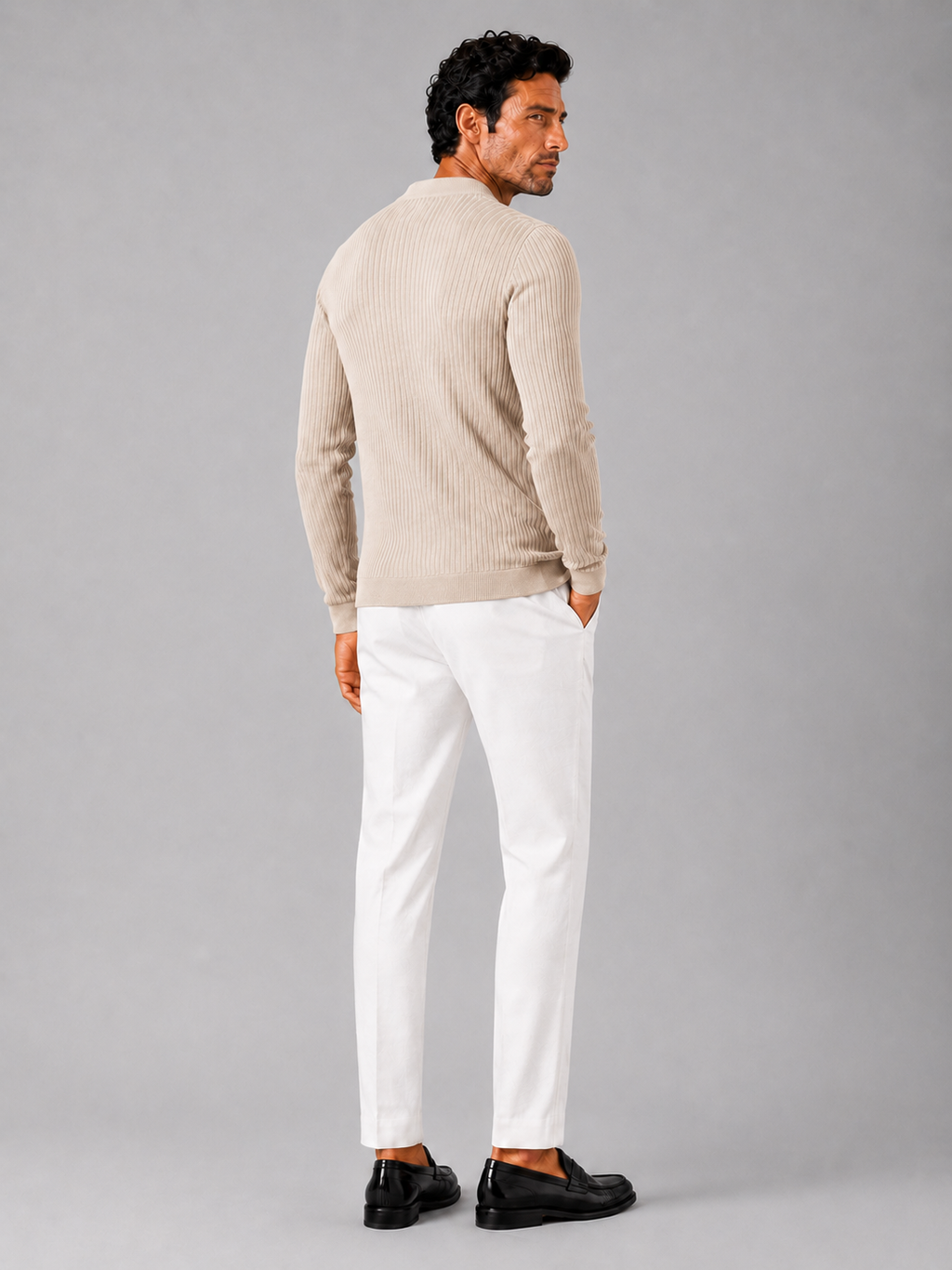 Men’s beige ribbed stripe polo shirt comfortable long sleeve knit top for winter wear