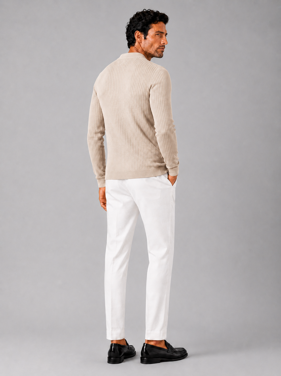 Men’s beige ribbed stripe polo shirt comfortable long sleeve knit top for winter wear