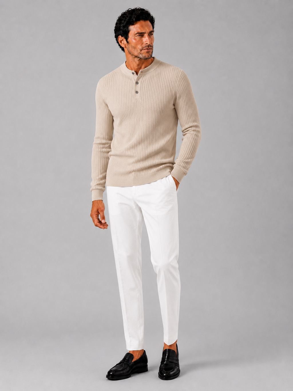 Beige slim fit henley polo shirt for men long sleeve business casual autumn top