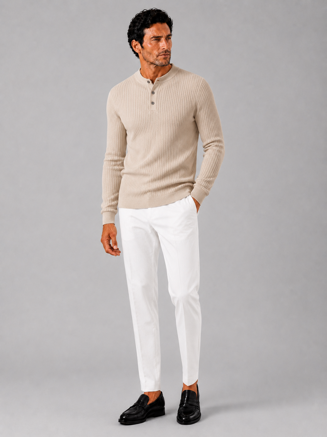 Beige slim fit henley polo shirt for men long sleeve business casual autumn top