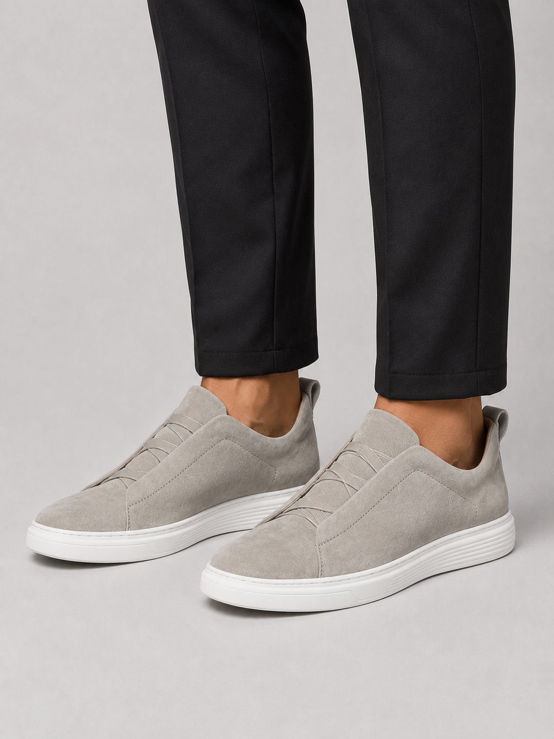 Men wearing beige suede slip on sneakers lightweight comfortable summer shoes for everyday wear