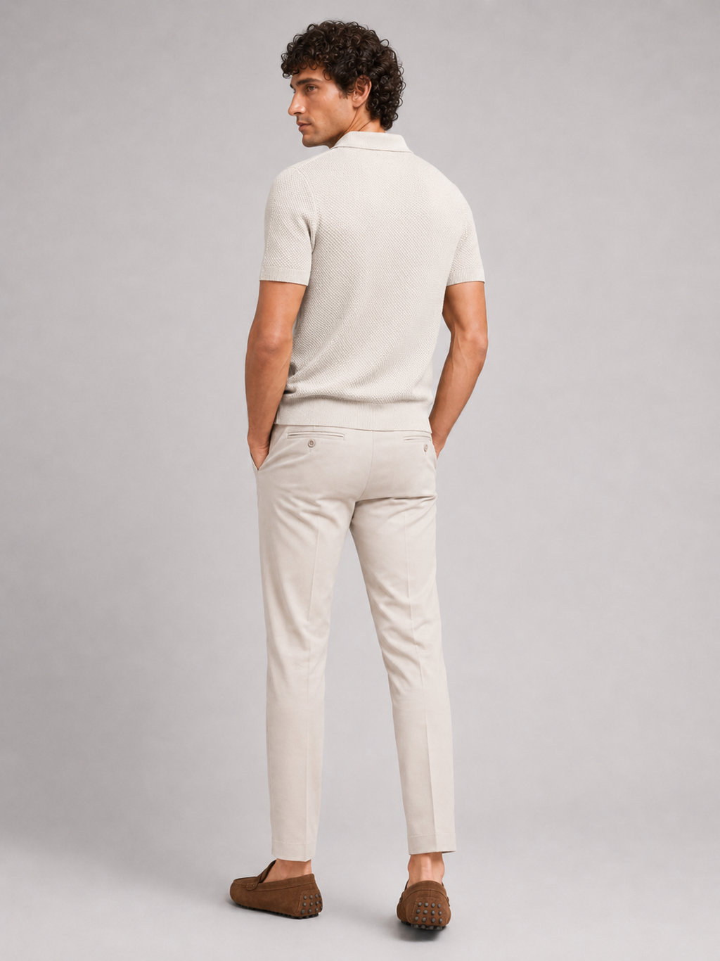 Men’s beige breathable knit polo shirt soft stretch fabric for coastal casual outfits