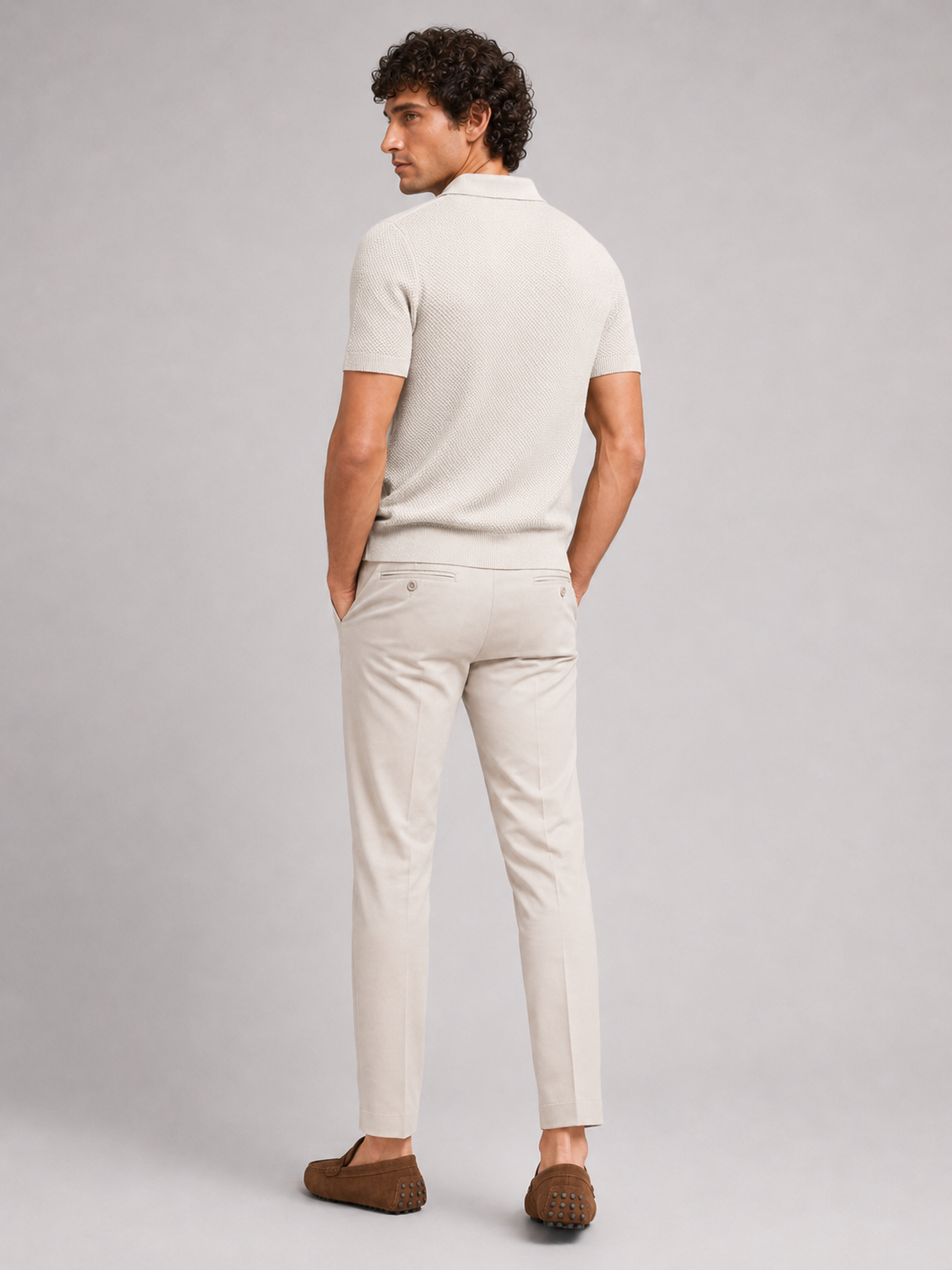 Men’s beige breathable knit polo shirt soft stretch fabric for coastal casual outfits