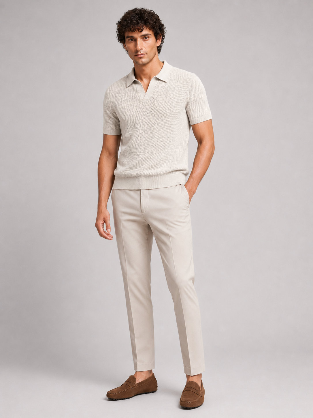 Beige short sleeve knit polo for men comfortable lightweight summer casual wear