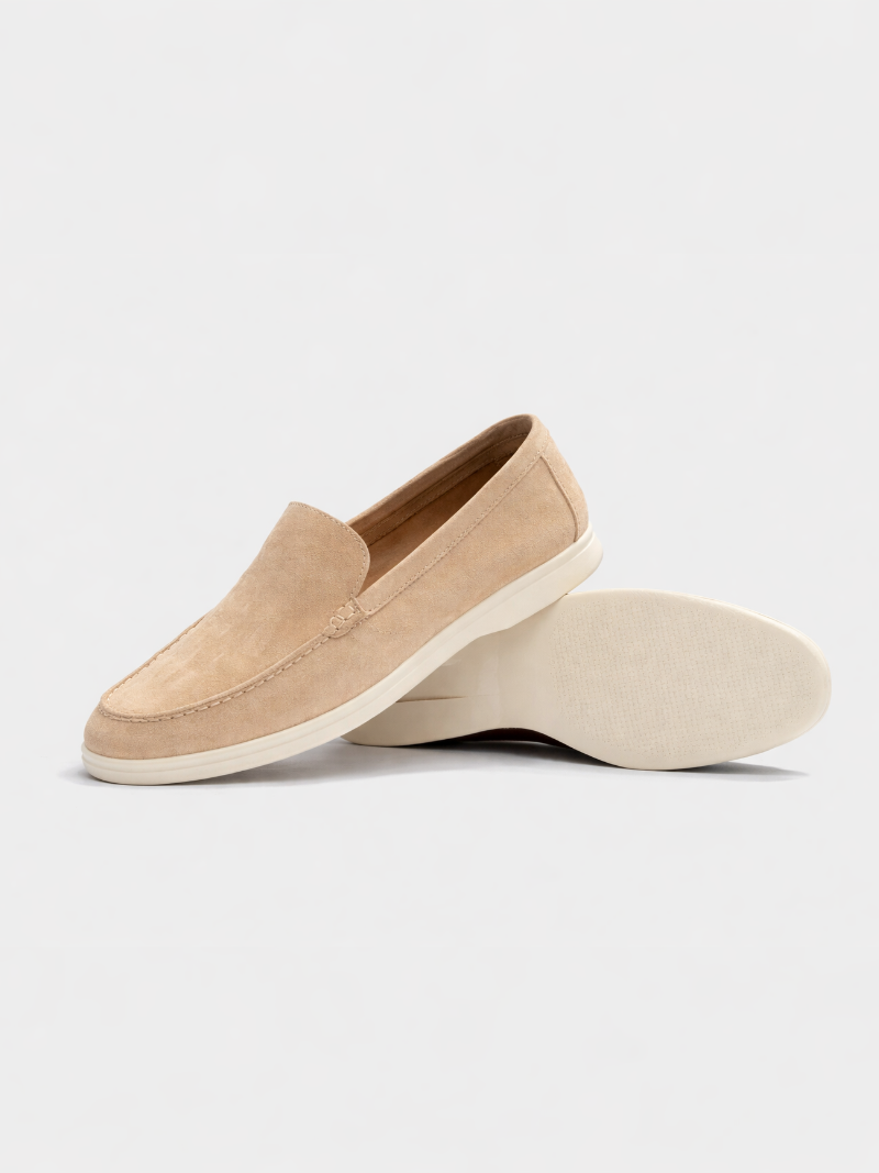 Beige suede slip-on loafers for men, soft lightweight moccasins style casual driving shoes