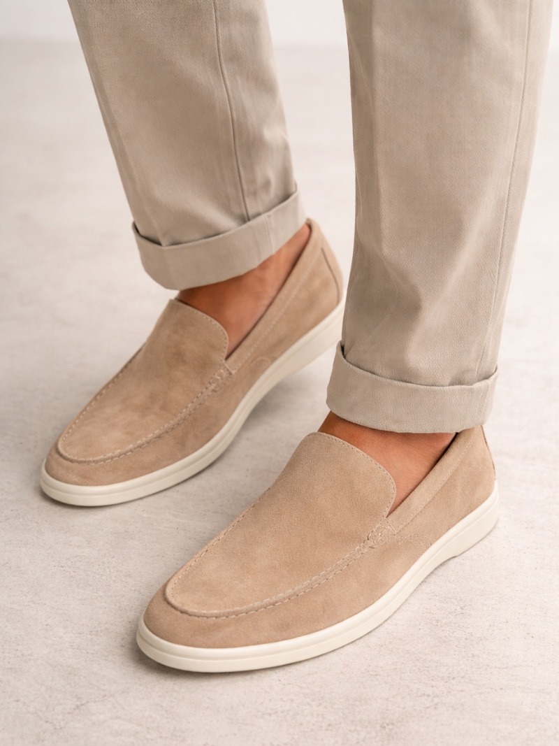Men wearing beige suede leather moccasins, classic slip-on loafers for casual and driving
